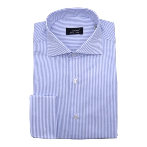 Camisa barra fil a fil azul y blanca puño doble - Imagen 4
