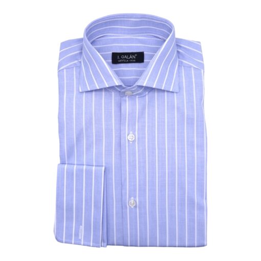 Camisa azul fil a fil con barra blanca puño doble - Imagen 3