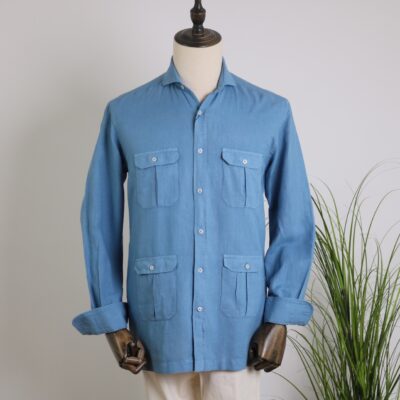 Camisa 4 bolsillos lino/algodón azul