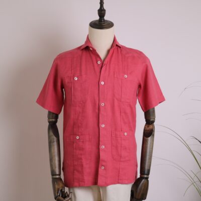 Guayabera de lino manga corta color coral